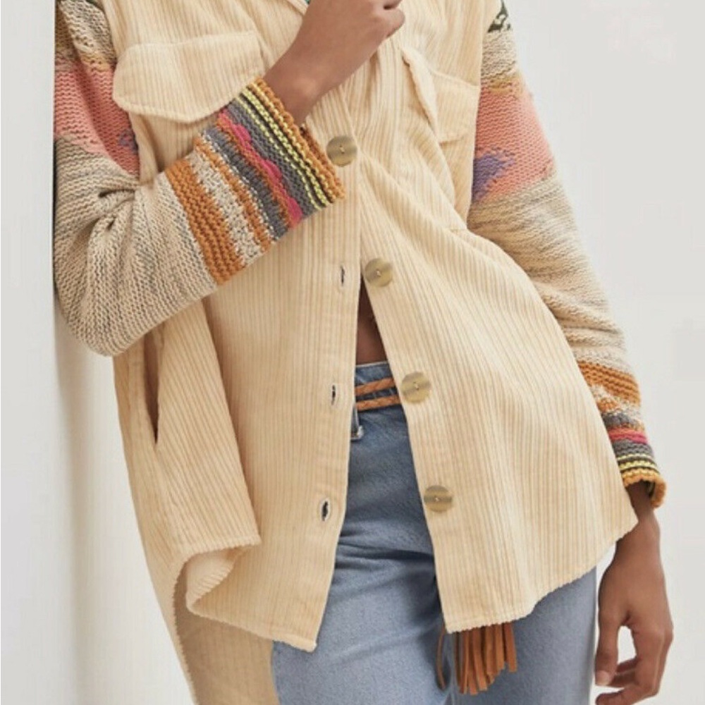 Anthropologie Pilcro Beige Corduroy Jacket with Multicolor Knit Sleeves